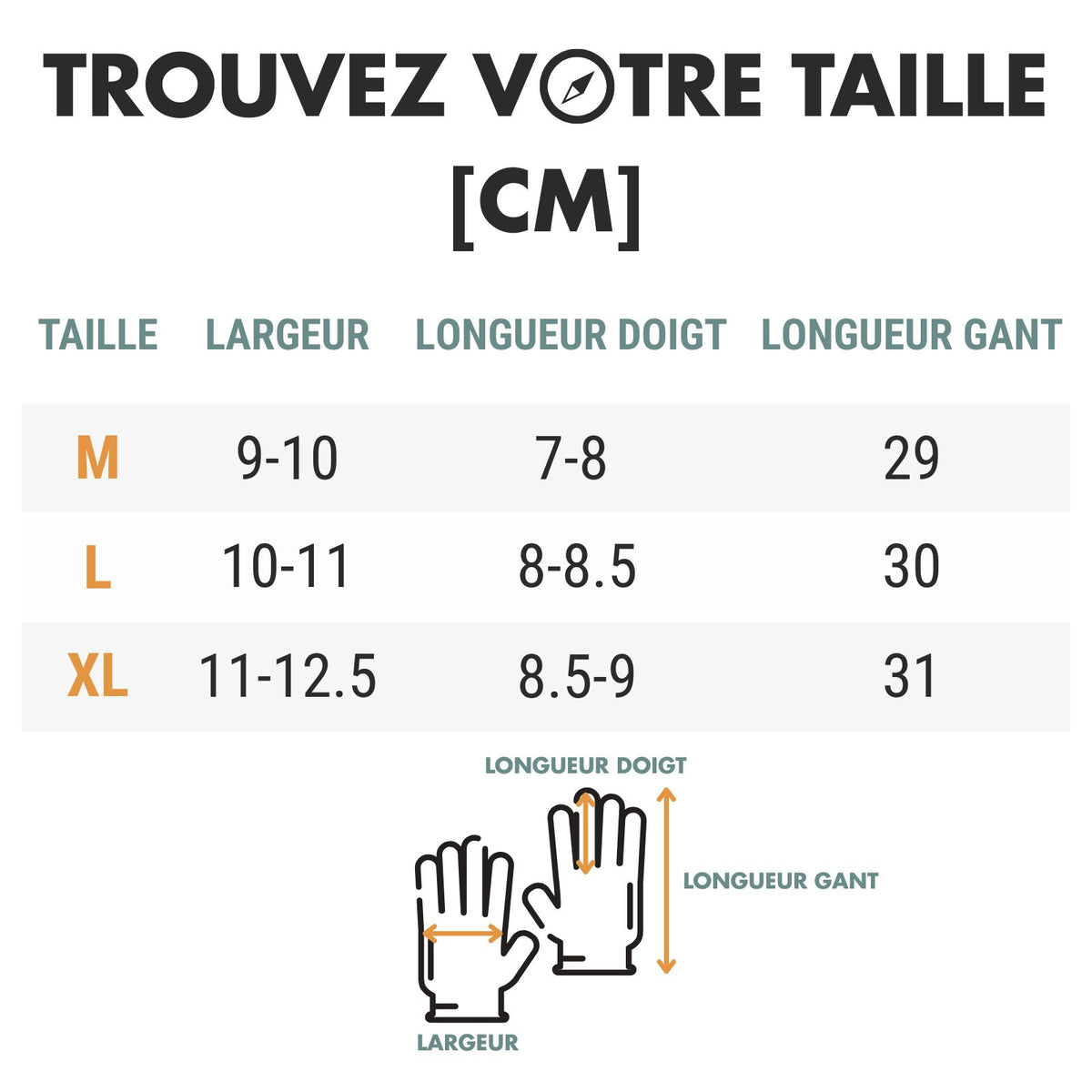 Gants Pour Ski de Randonnée guide des dimensions - Blanc et Noir - Gris et Noir - Noir Ébène