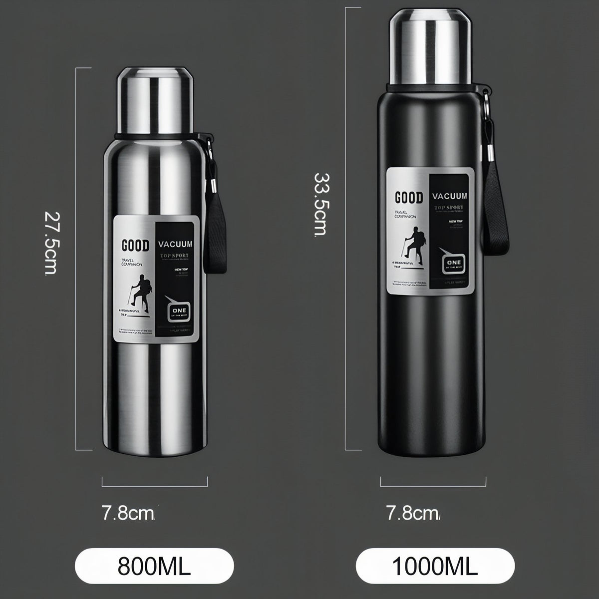 Gourde Inox 1 Litre guide des dimensions - Inox - Noir Mat
