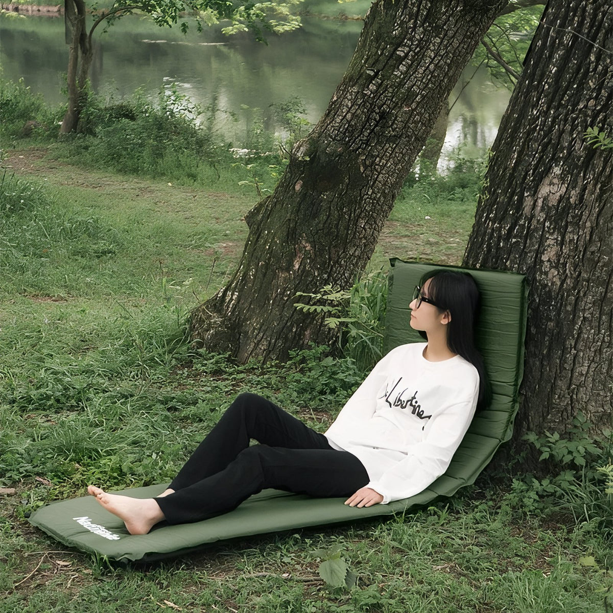 Self-Inflating Camping Mattress 1 Person Outdoor Setting - Dark Green - Dark Grey - Light Beige