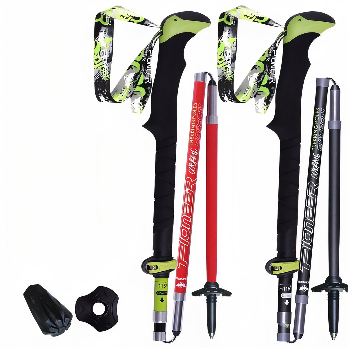 Collapsible Carbon Walking Stick two sticks aligned - Fluorescent Red and Green - Black