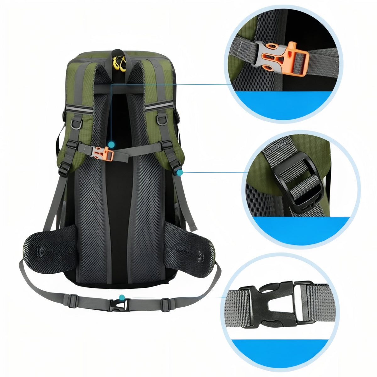 Lightweight Hiking Backpack 50 Liters close-up zip closure - Orange - Black - Navy Blue - Red - Green