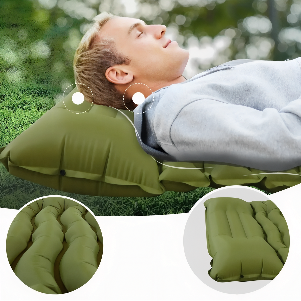Matelas Gonflable Camping 65 cm De Large mise en situation - Vert Olive - Bleu Nuit