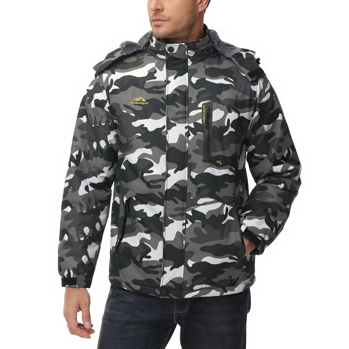 Camouflage Hiking Jacket worn by a man - Dark Green - Blue - White - Black