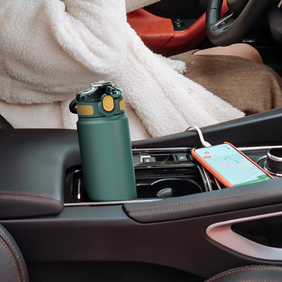 Insulated Bottle with Integrated Straw in Car Setting - Turquoise - Green - White - Black