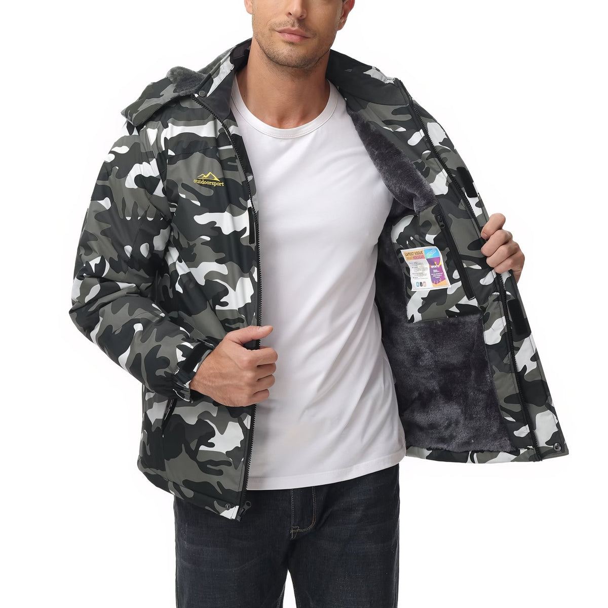 Camouflage Hiking Jacket worn open - Dark Green - Blue - White - Black