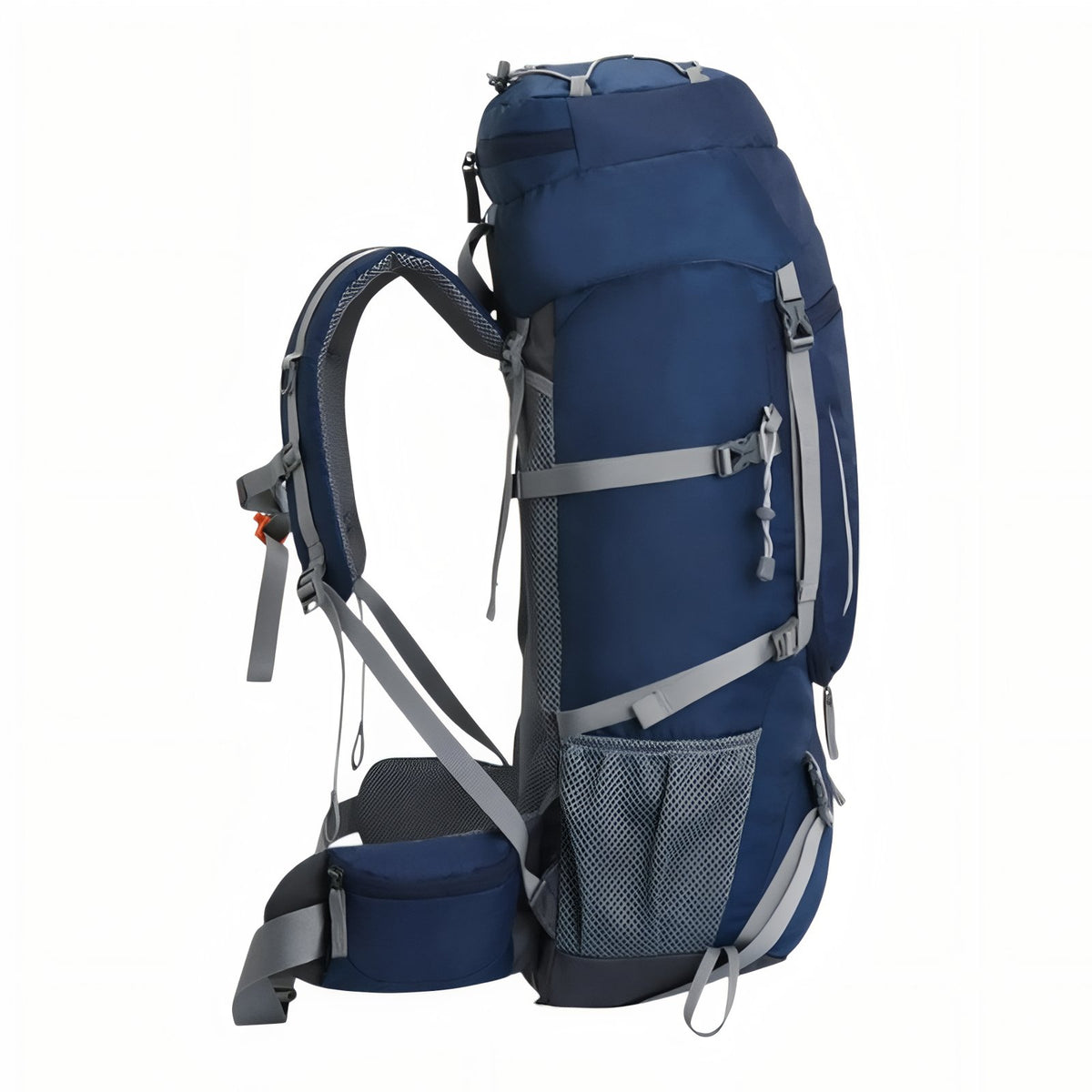Breathable Hiking Backpack 60 Liters side view - Navy Blue