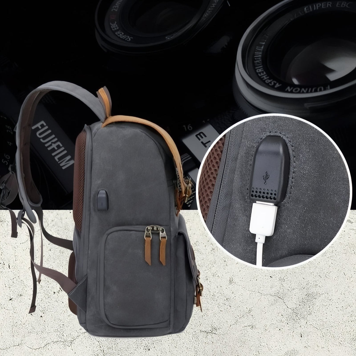 Travel Backpack Camera close-up USB port - Khaki - Gray - Green