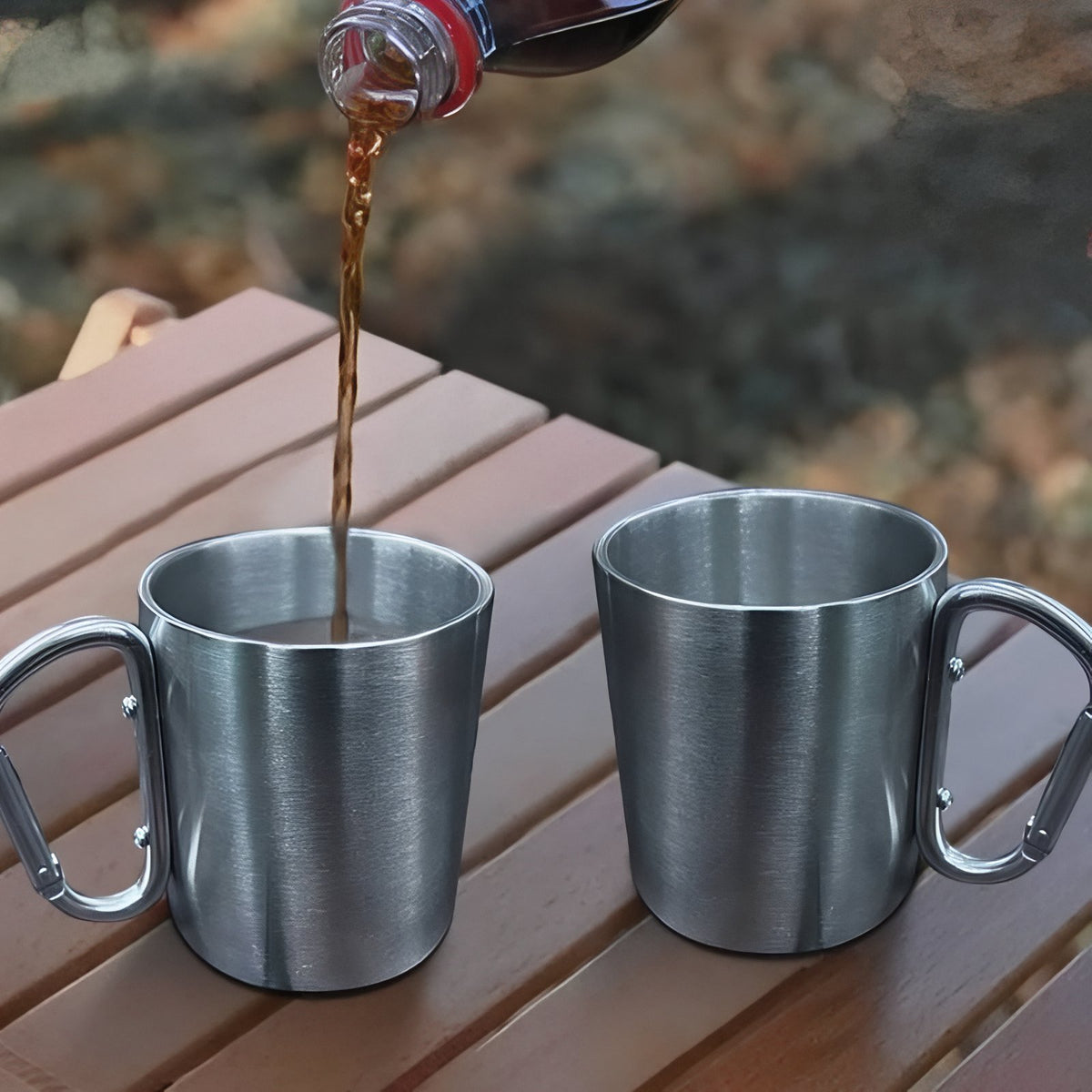Stainless Steel Carabiner Mug two mugs on table - Grey
