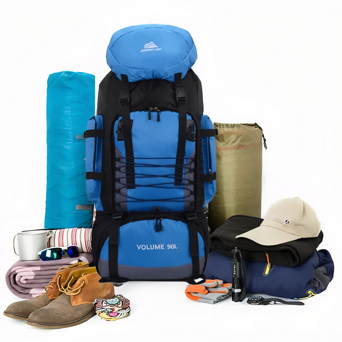 Sac de Randonnée Homme 90 Litres mise en situation avec accessoires - Vert - Bleu Marine - Noir - Bleu Ciel