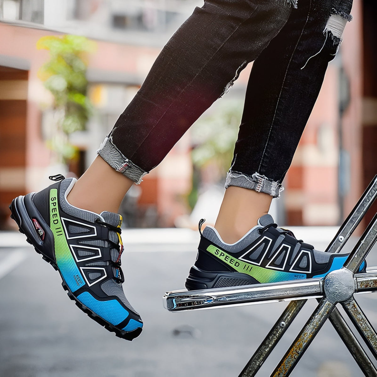 Men's Urban Walking Shoe worn on a foot - Sky Blue and Black - Black and Silver - Sky Blue - Red and Black