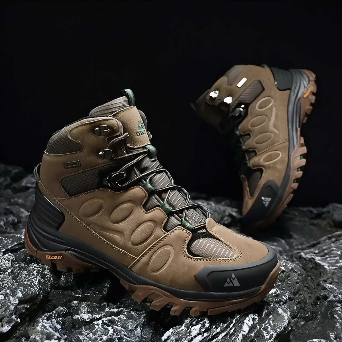 Men's Mountain Hiking Shoe staged on rock - Dark Brown - Ebony Black - Dark Green - Gray