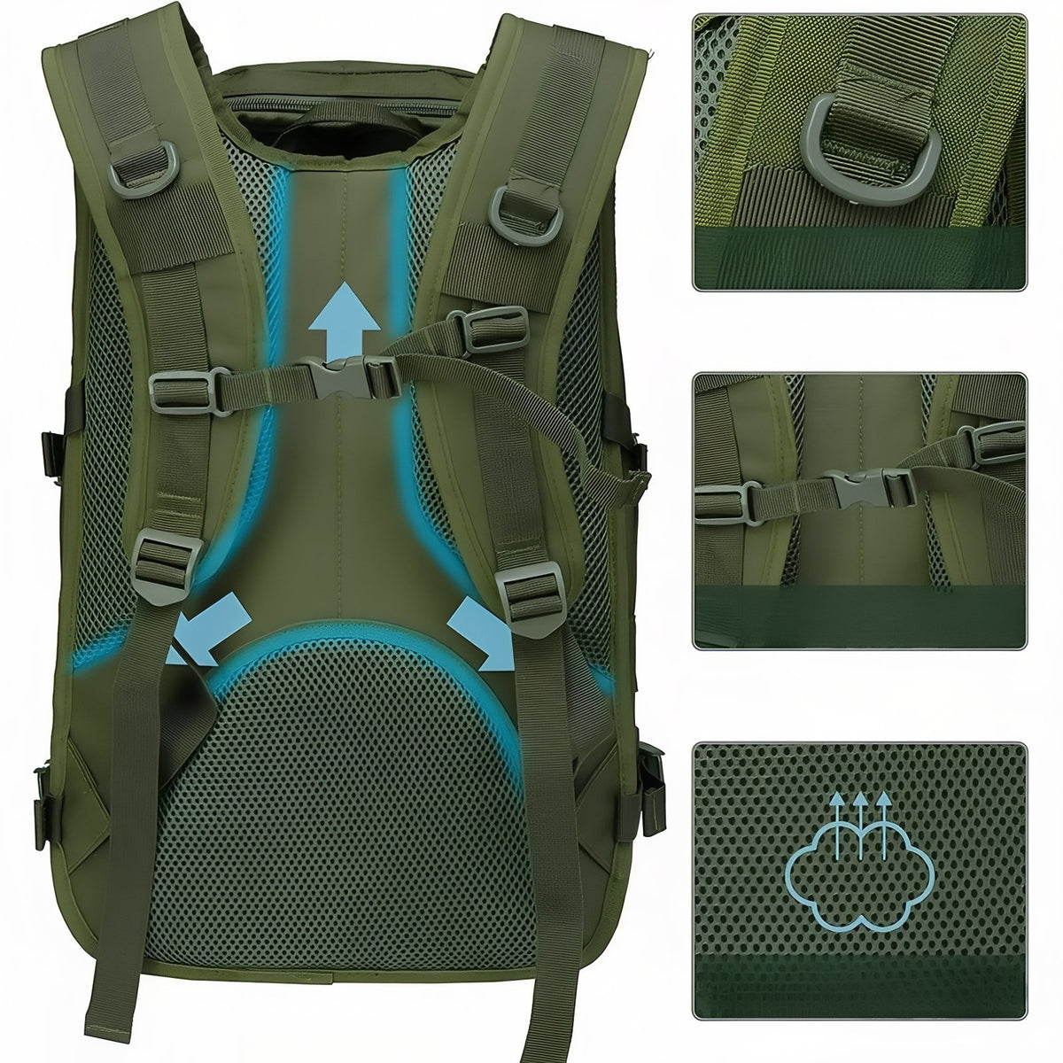 Military Backpack 40 Liters close-up back of the bag - Olive Green - Sand Beige - Black - Gray