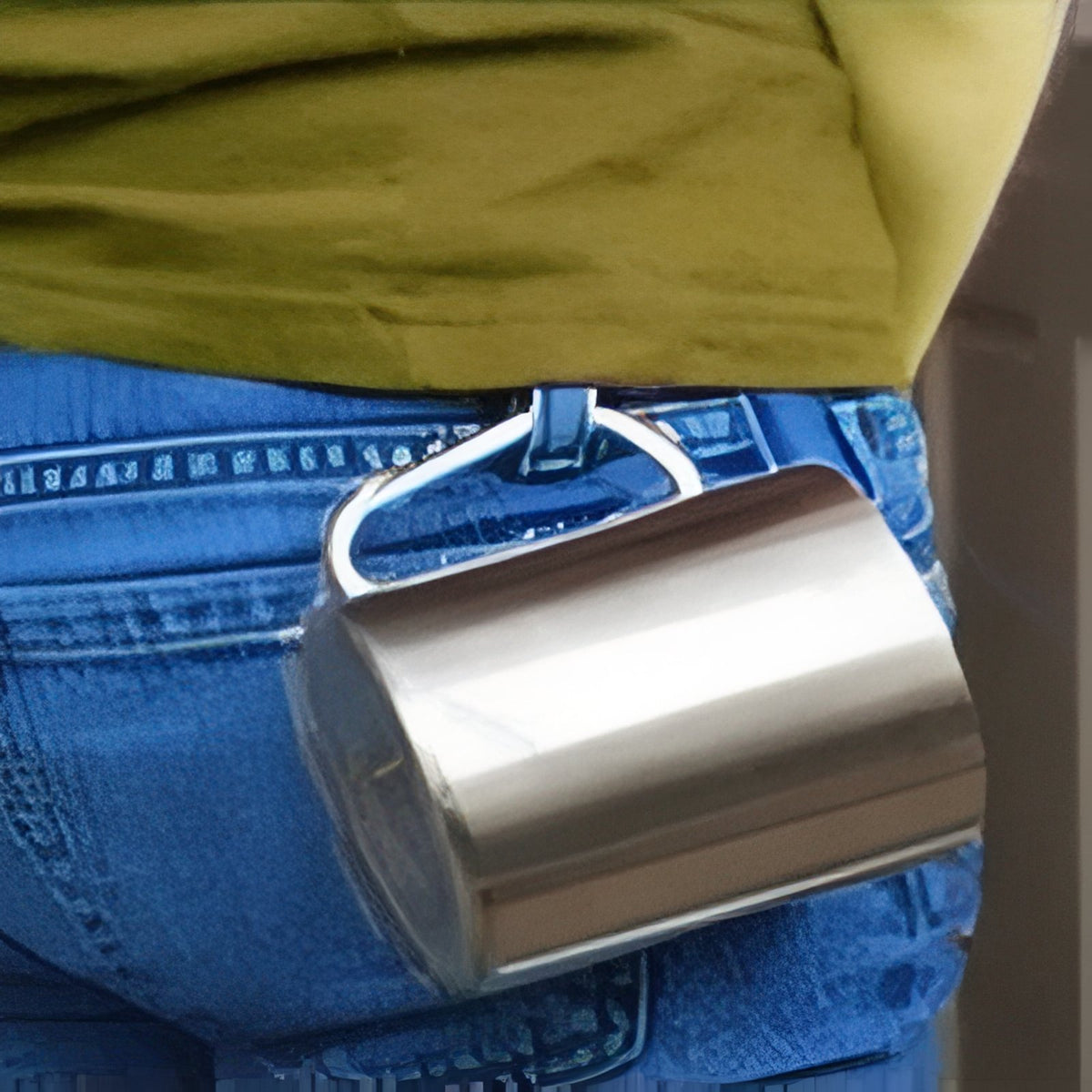 Stainless Steel Carabiner Mug worn on the belt - Grey