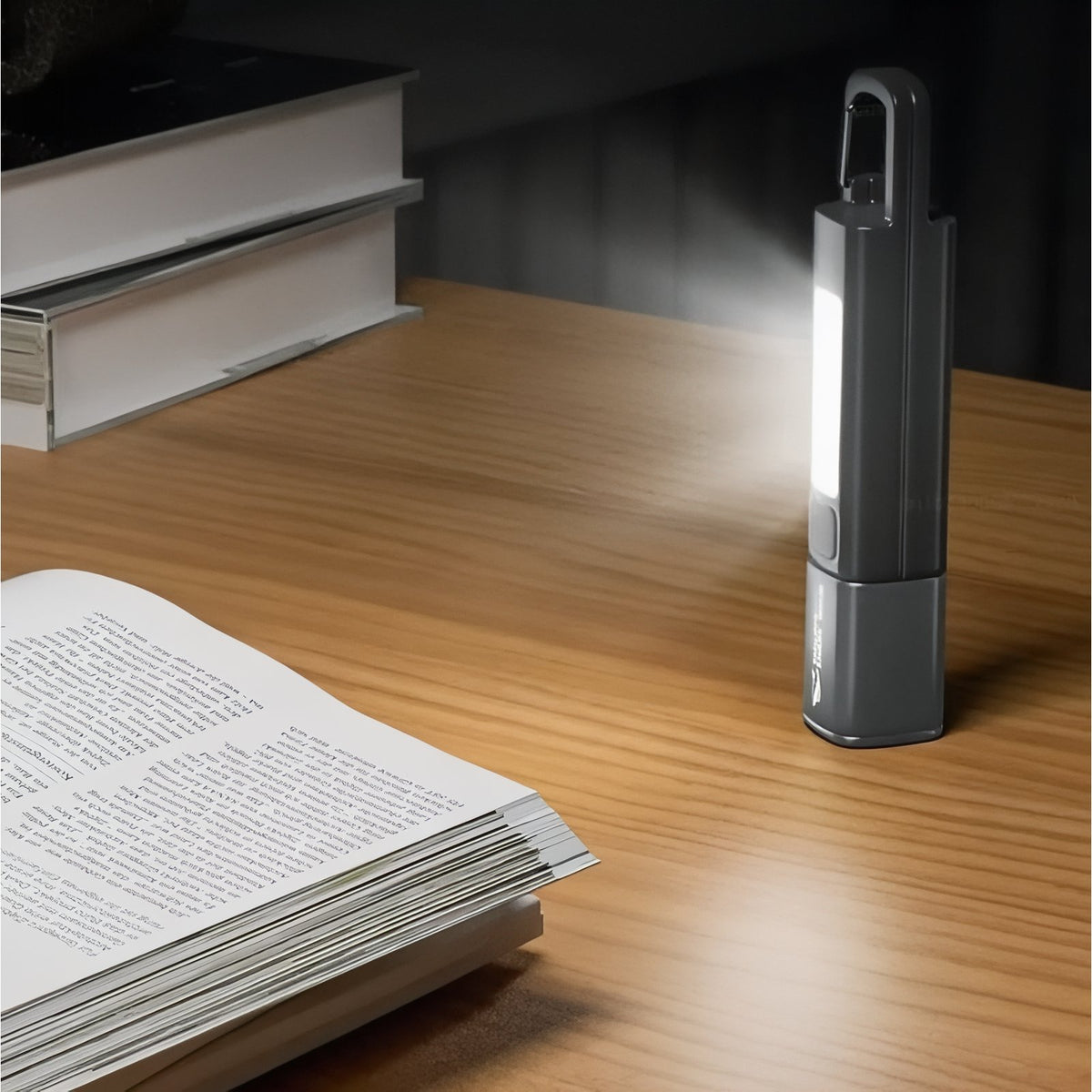 Rechargeable Hiking Flashlight in use on table - Gray - Black