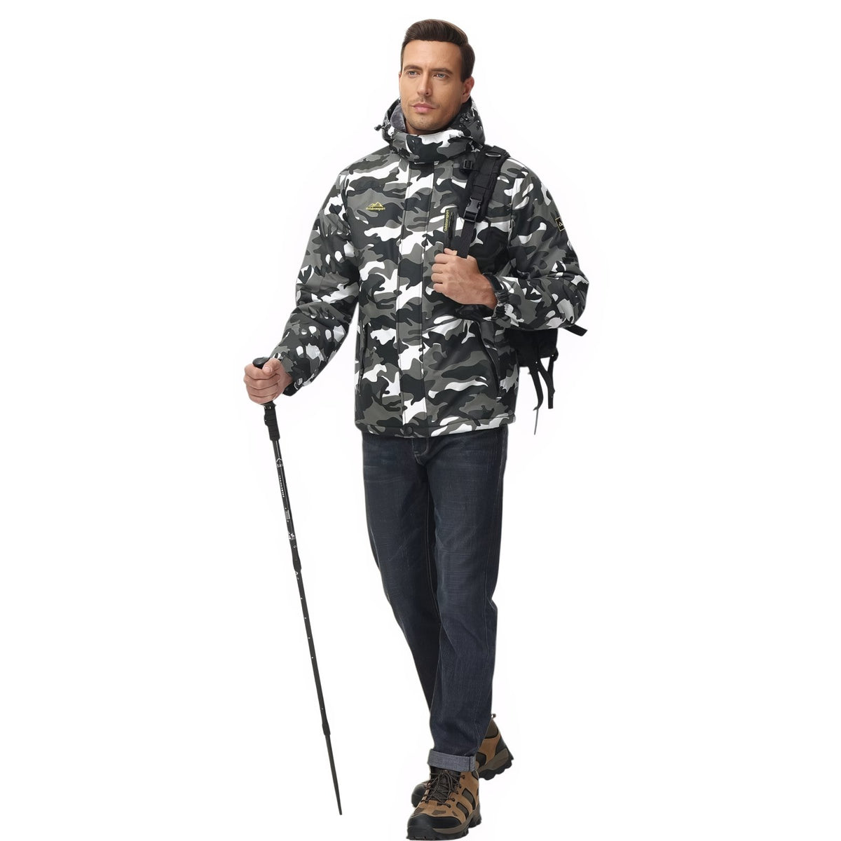 Camouflage Hiking Jacket worn on a hike - Dark Green - Blue - White - Black