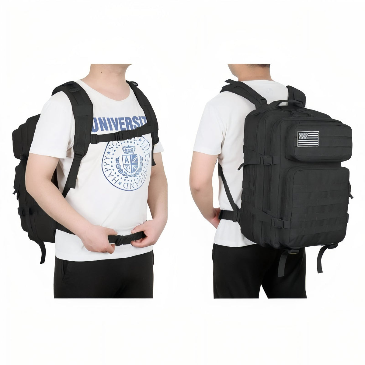 Military Hiking Backpack worn on the back - Beige - Black - Green