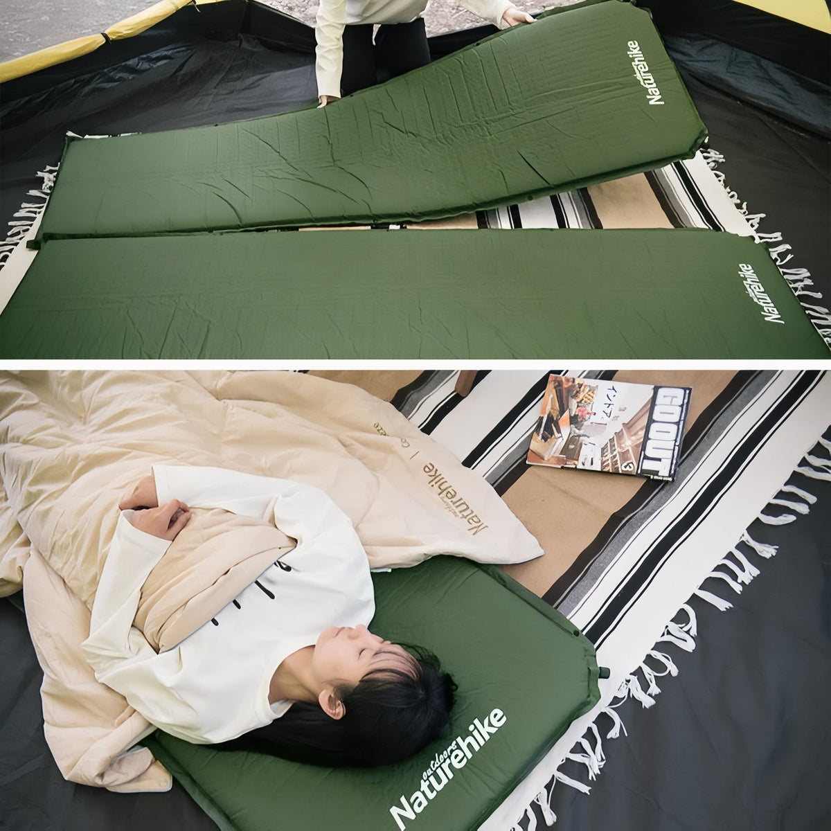 Self-Inflating Camping Mattress 1 Person in camping setup - Dark Green - Dark Gray - Light Beige