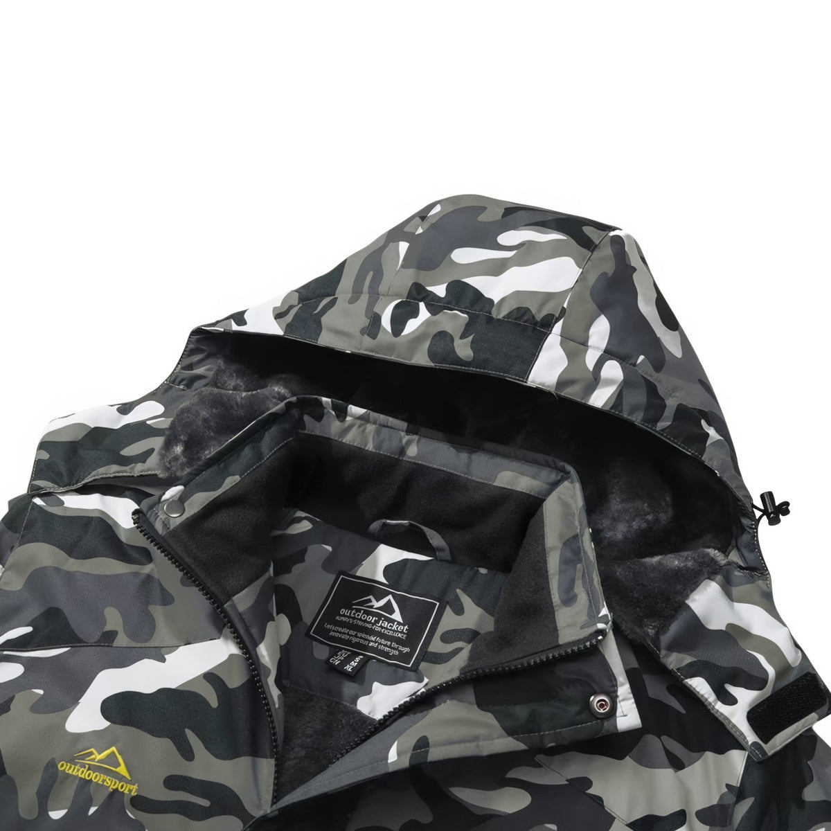 Hiking Camouflage Jacket close-up inner hood - Dark Green - Blue - White - Black