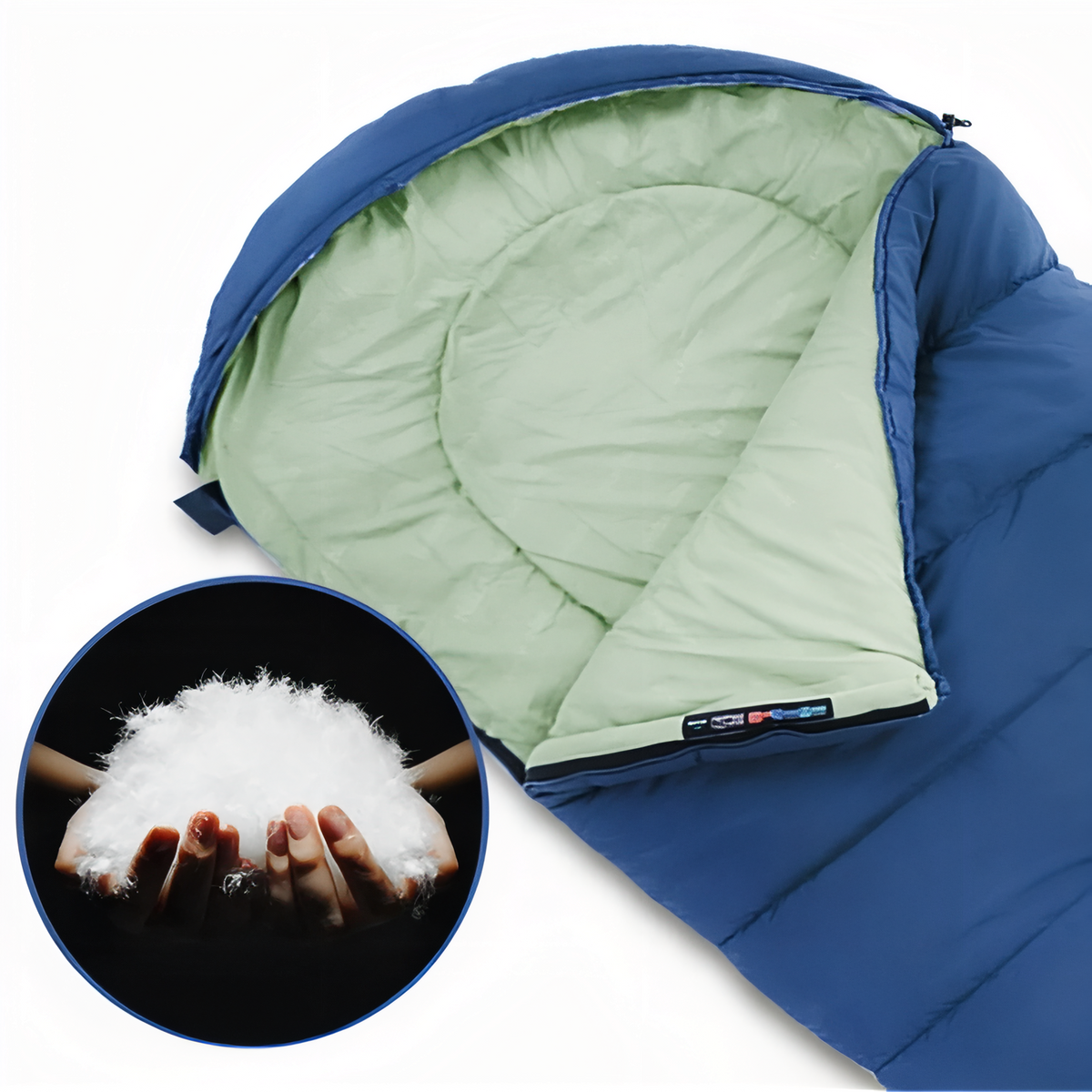 Sac De Couchage 4 Saisons Bleu gros plan intérieur - Bleu Marine et Vert Clair