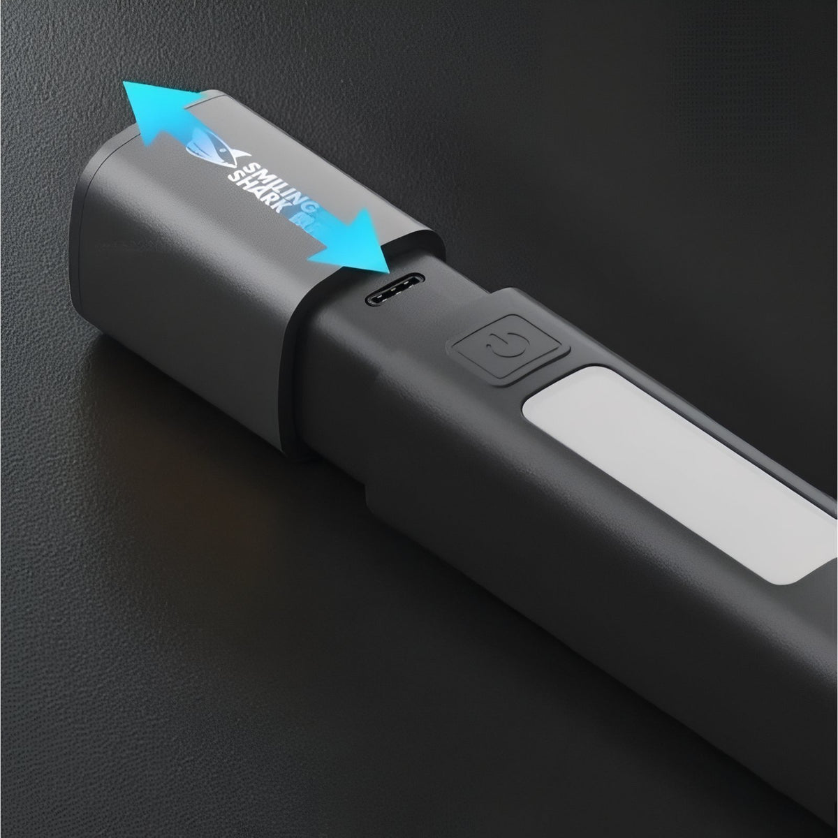 Rechargeable Hiking Flashlight close-up button and port - Grey - Black