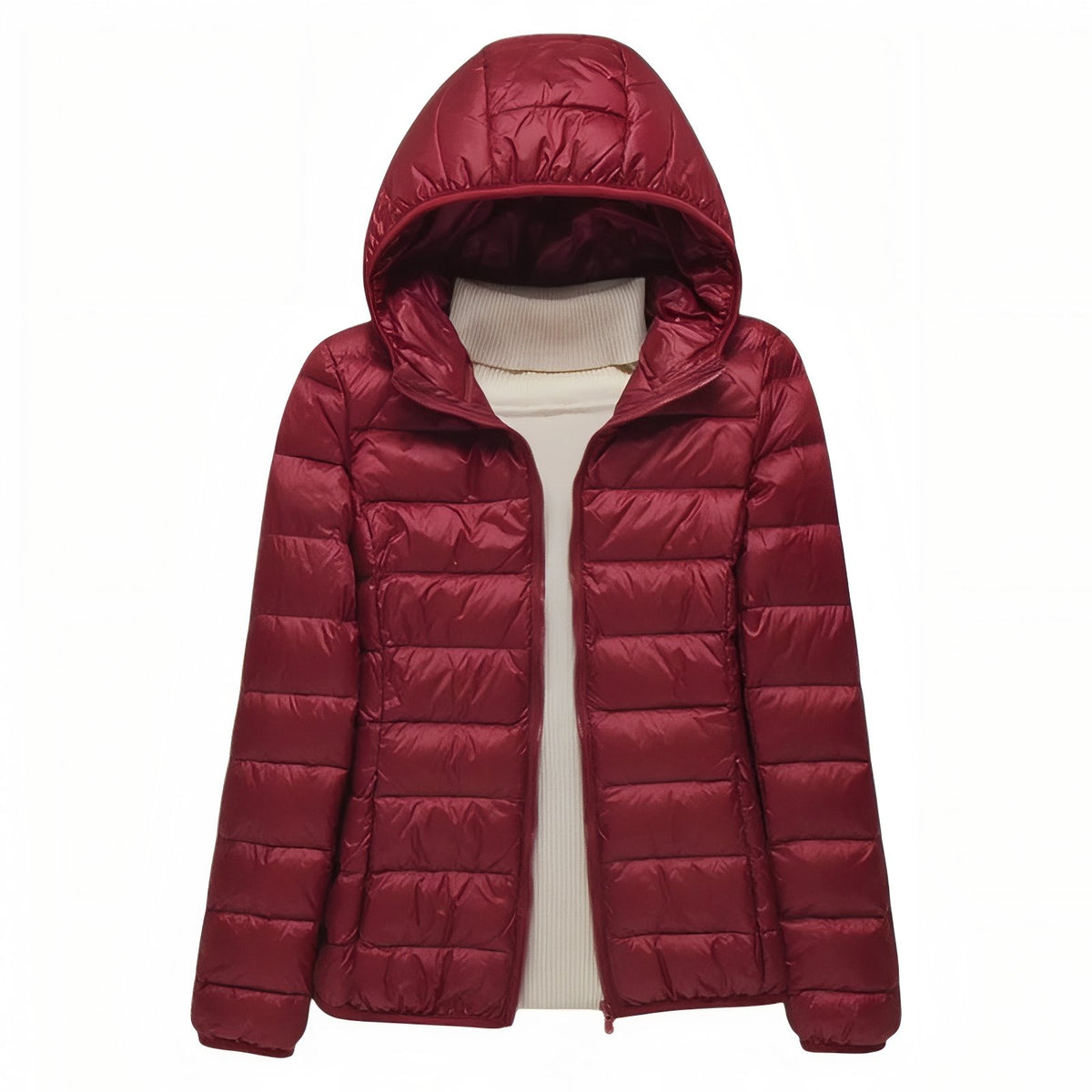Women's Compressible Hiking Down Jacket front view with hood - Bordeaux