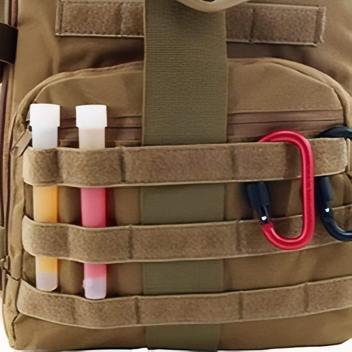 Military Backpack 40 Liters close-up of exterior compartment - Olive Green - Sand Beige - Black - Gray