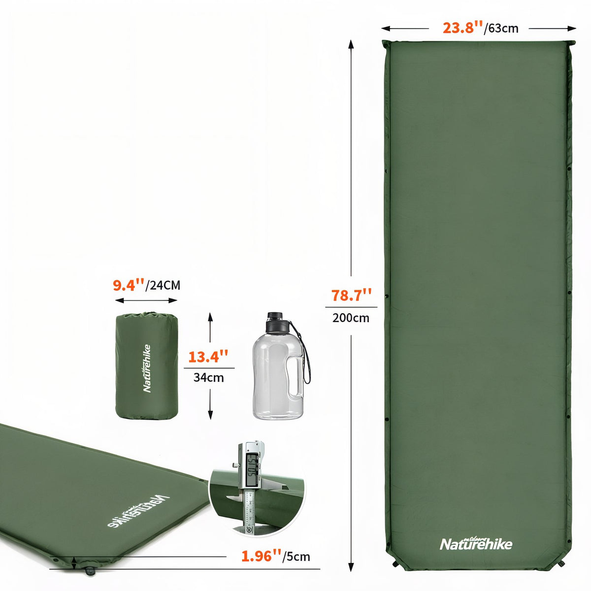 Self-Inflating Camping Mattress 1 Person size guide - Dark Green - Dark Gray - Light Beige