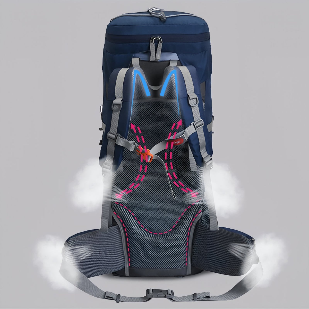 Breathable Hiking Backpack 60 Liters back detail - Purple - Green - Black - Navy Blue