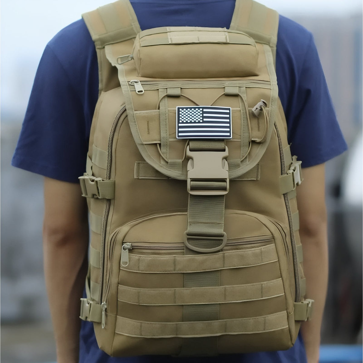 Military Backpack 40 Liters worn on the back - Olive Green - Sand Beige - Black - Gray