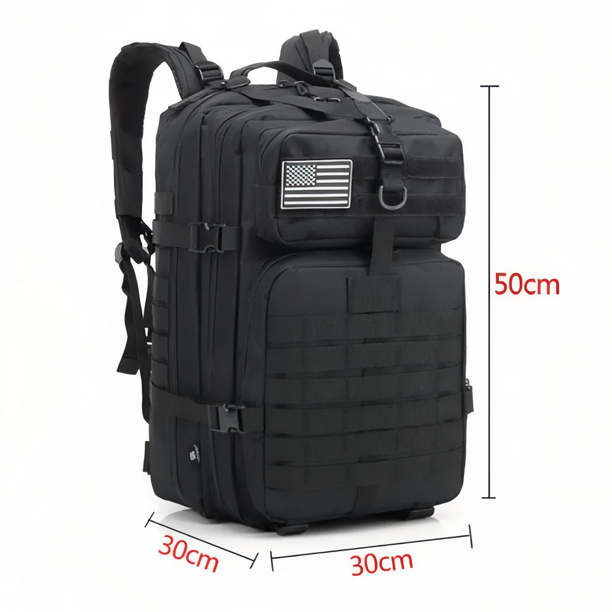 Military Hiking Backpack displayed dimensions - Black
