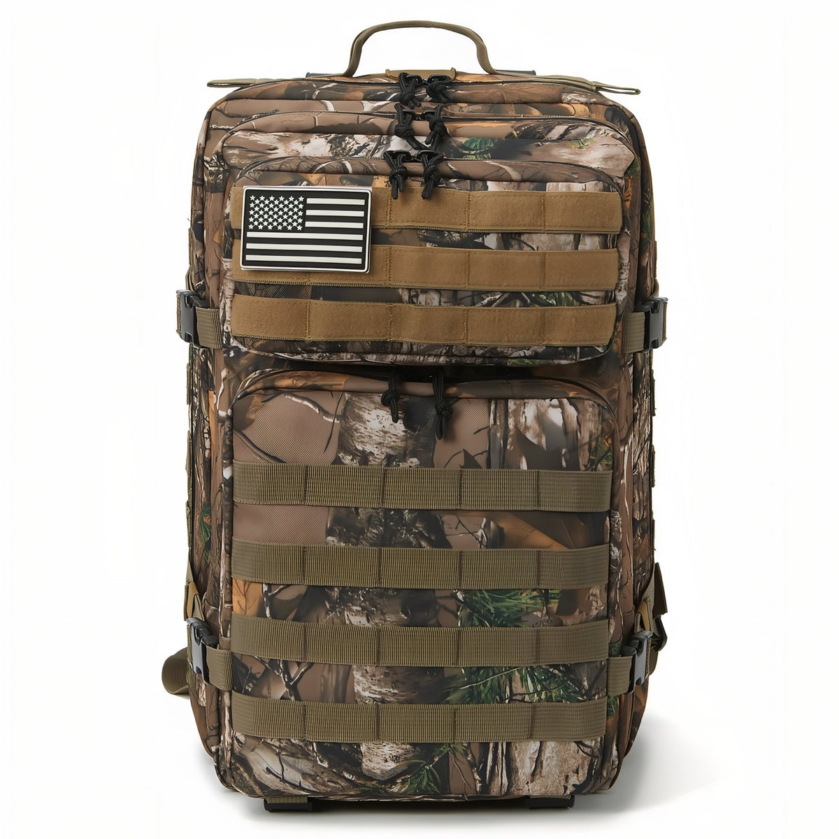 45L Camouflage Backpack front view - Black and Grey - Grey and Beige - Olive Green and Beige - Black - Brown and Forest Green - Beige Brown