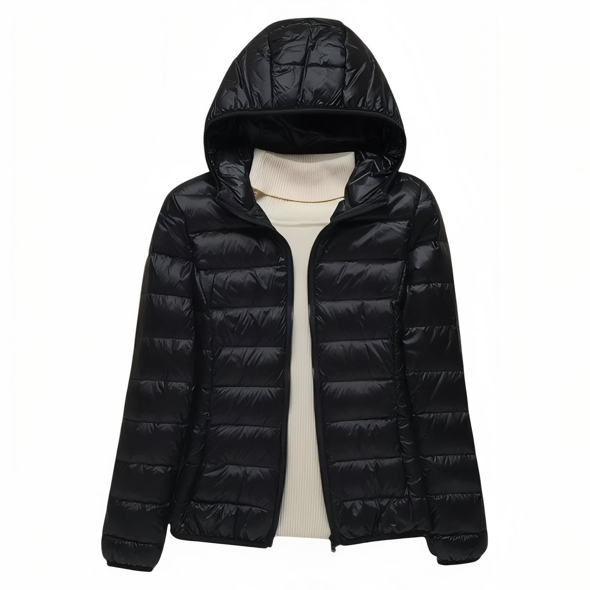 Women's Compressible Hiking Down Jacket front view with hood - Black