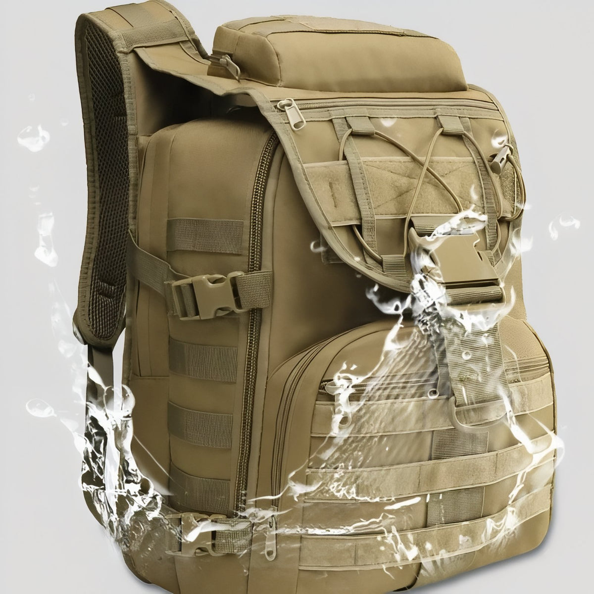 Military Backpack 40 Liters close-up strap and closure - Olive Green - Sand Beige - Black - Gray