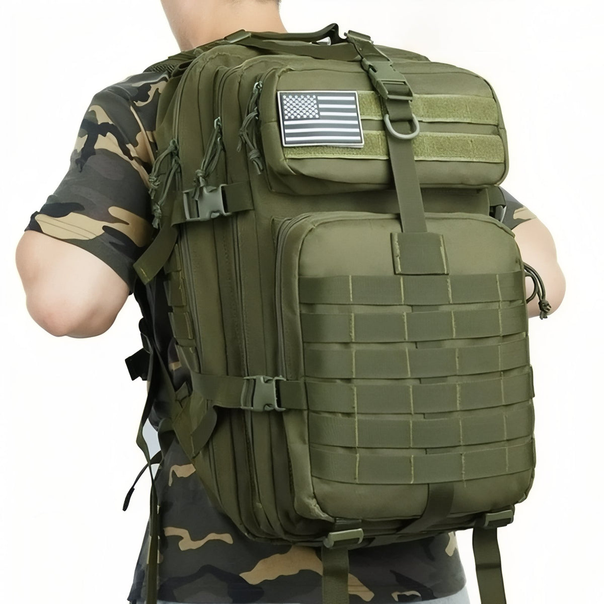 Military Hiking Backpack worn on the back - Beige - Black - Green