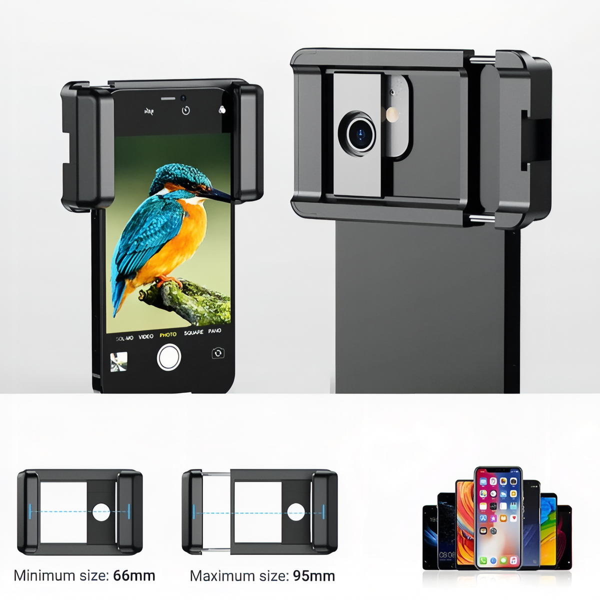 Téléobjectif Pour Smartphone 60X mise en situation smartphone - Téléobjectif 60x Seul - 60x avec Trépied - 60x avec Trépied et Commande à Distance