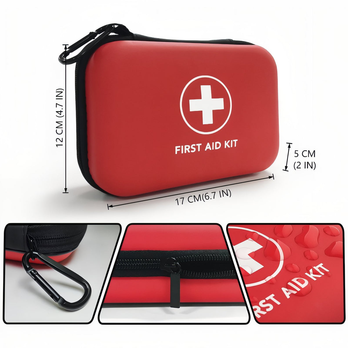 Trousse De Premier Secours Randonnée 92pcs gros plan fermeture zippée - Rouge Cerise - Noir et Rouge
