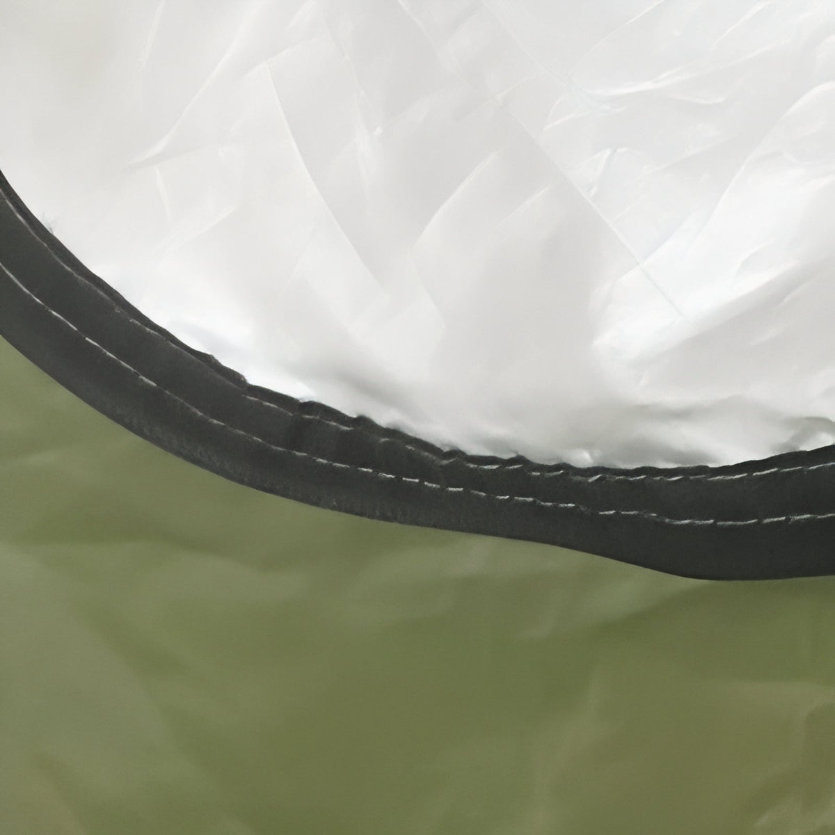 Close-up of Shower Tent WC seam - Mustard Yellow and White - Dark Olive