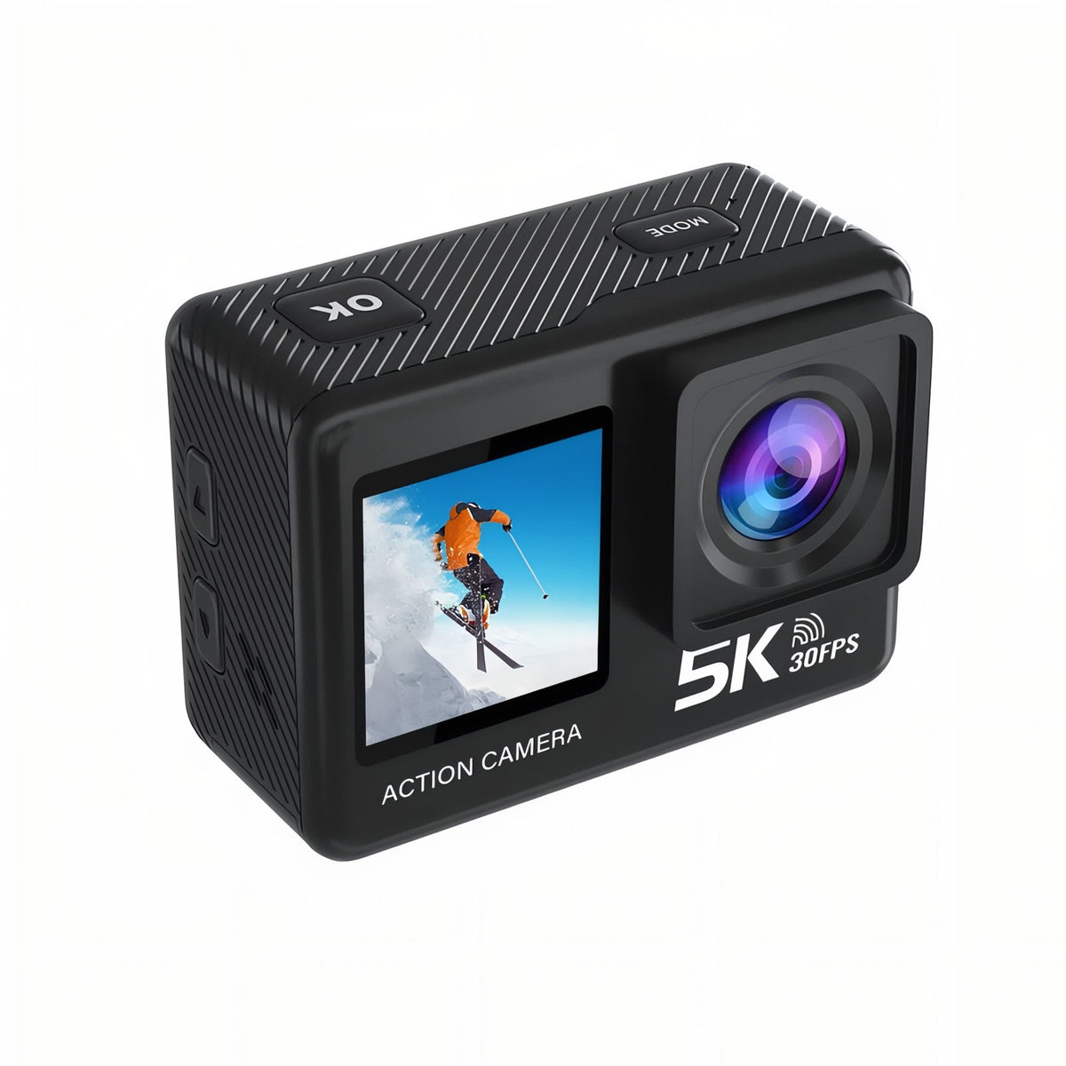 5K Hiking Camera close-up screen displaying skier - Without Microphone - With Microphone