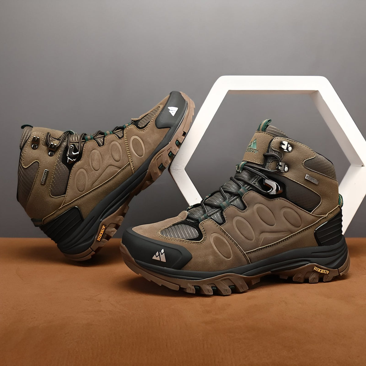 Men's Mountain Hiking Shoe two shoes at an angle - Dark Brown - Ebony Black - Dark Green - Gray