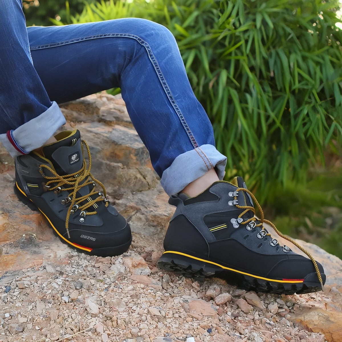 Men's Mountain Hiking Shoe worn on rocky terrain - Black and Orange - Navy Blue and Gray - Gray and Red
