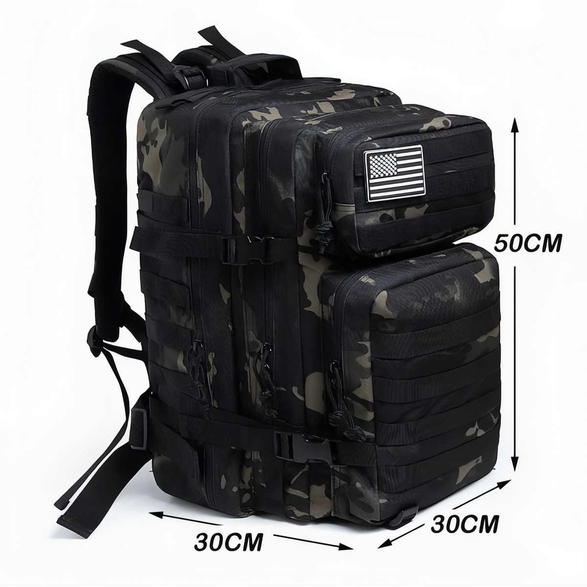 45L Camouflage Backpack size guide - Black and Grey - Grey and Beige - Olive Green and Beige - Black - Brown and Forest Green - Beige Brown