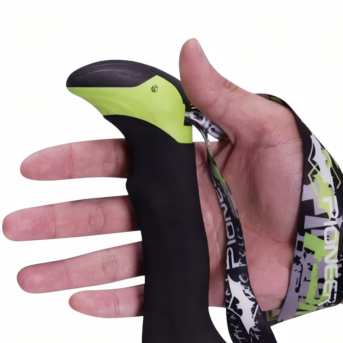 Close-up of Carbon Folding Walking Stick handle - Fluorescent Red and Green - Black