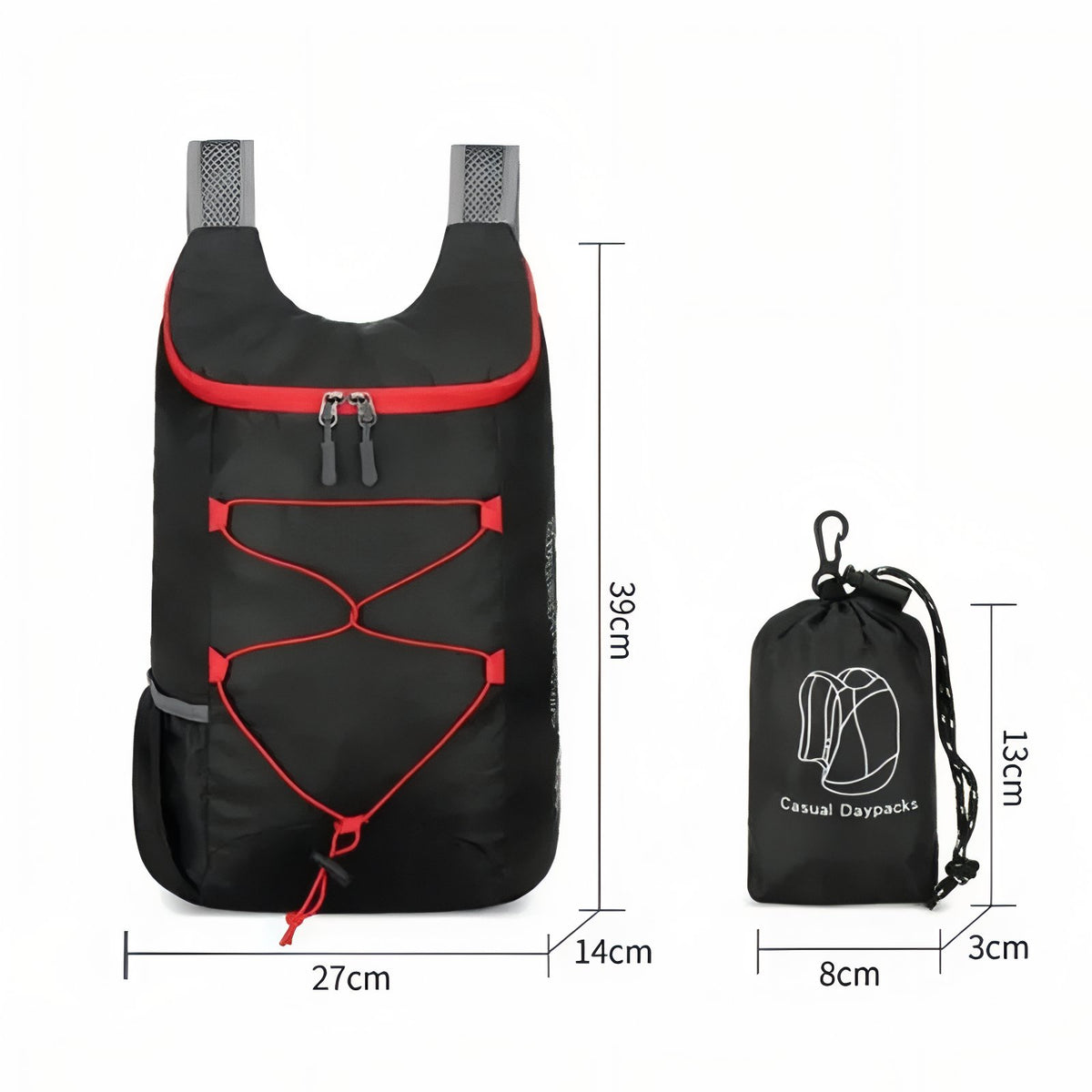 Foldable Hiking Backpack 20L size guide - Black and Red - Navy Blue and Orange - Gray and Blue