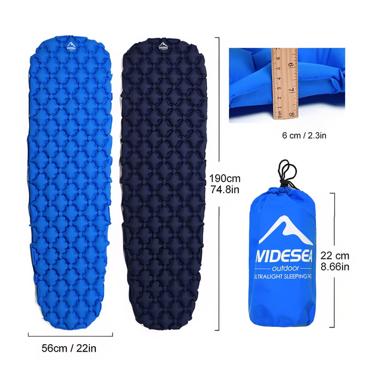 1-Person Inflatable Hiking Mattress size guide - Sky Blue - Dark Green - Neon Orange - Navy Blue
