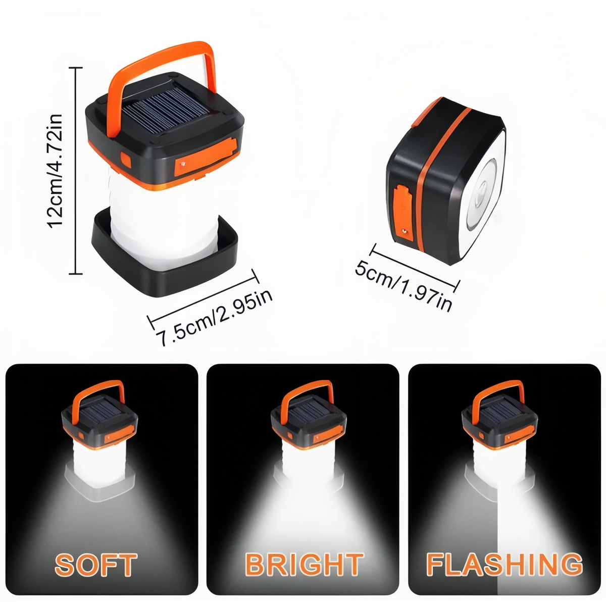 Lanterne Solaire Pliable guide des dimensions - Orange et Blanc - Vert Fluo et Noir