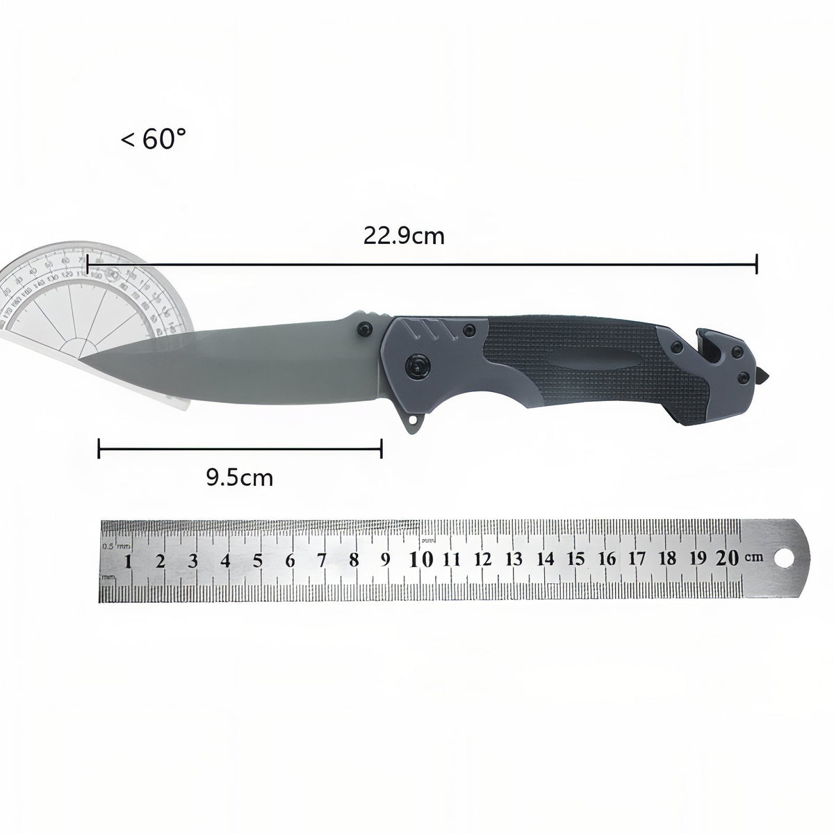 Couteau de Randonnée Pliant guide des dimensions - Noir et Gris