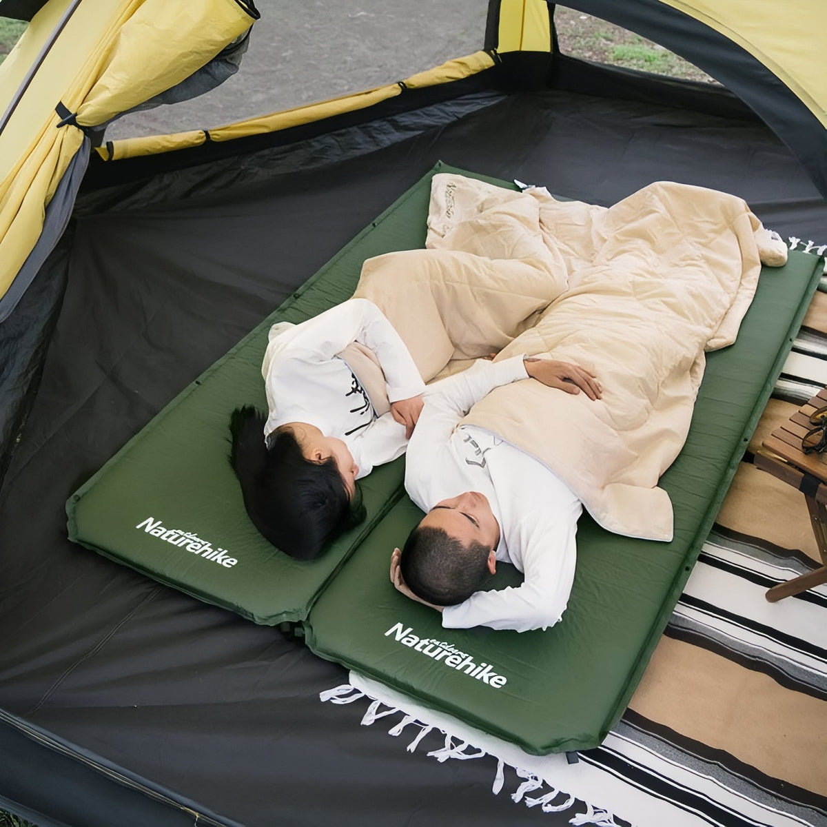 Self-Inflating Camping Mattress for 1 Person two mattresses side by side - Dark Green - Dark Gray - Light Beige