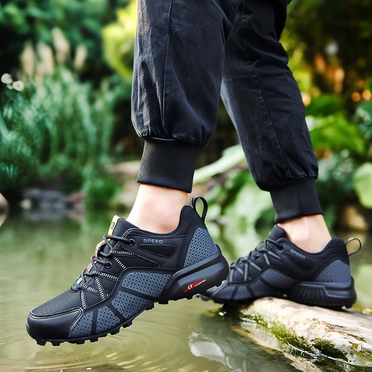 Waterproof Hiking Sneakers worn in water - Black - Black and Red - Black and Blue