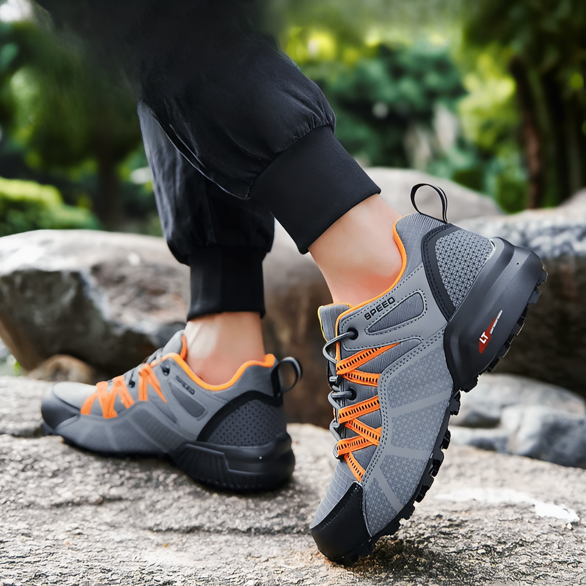 Men's Waterproof Hiking Basket Orange worn on foot - Grey and Orange