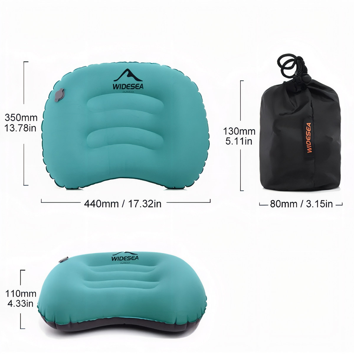 Coussin Camping Gonflable guide des dimensions - Turquoise et Noir